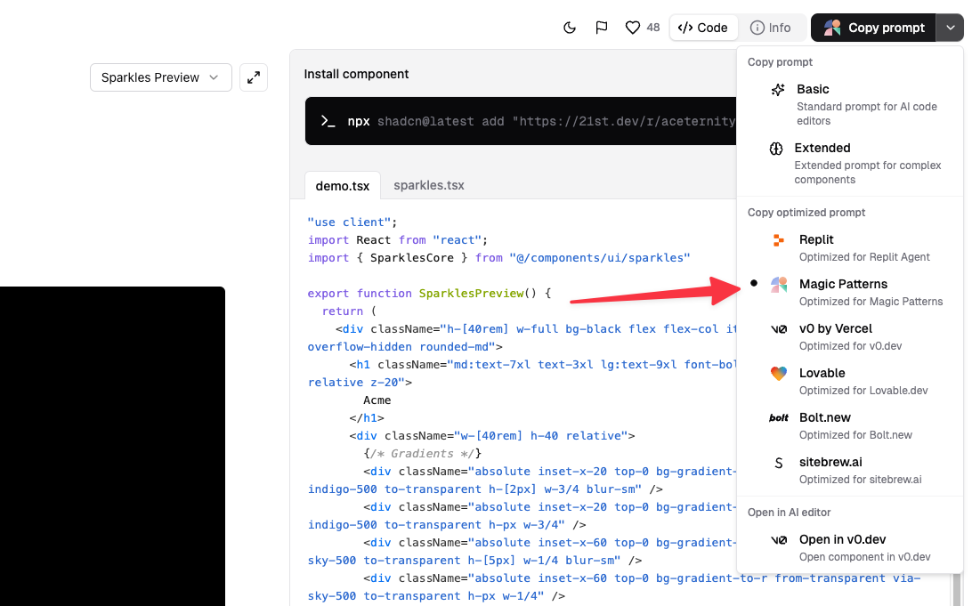 Copy a prompt from 21st.dev to use in Magic Patterns